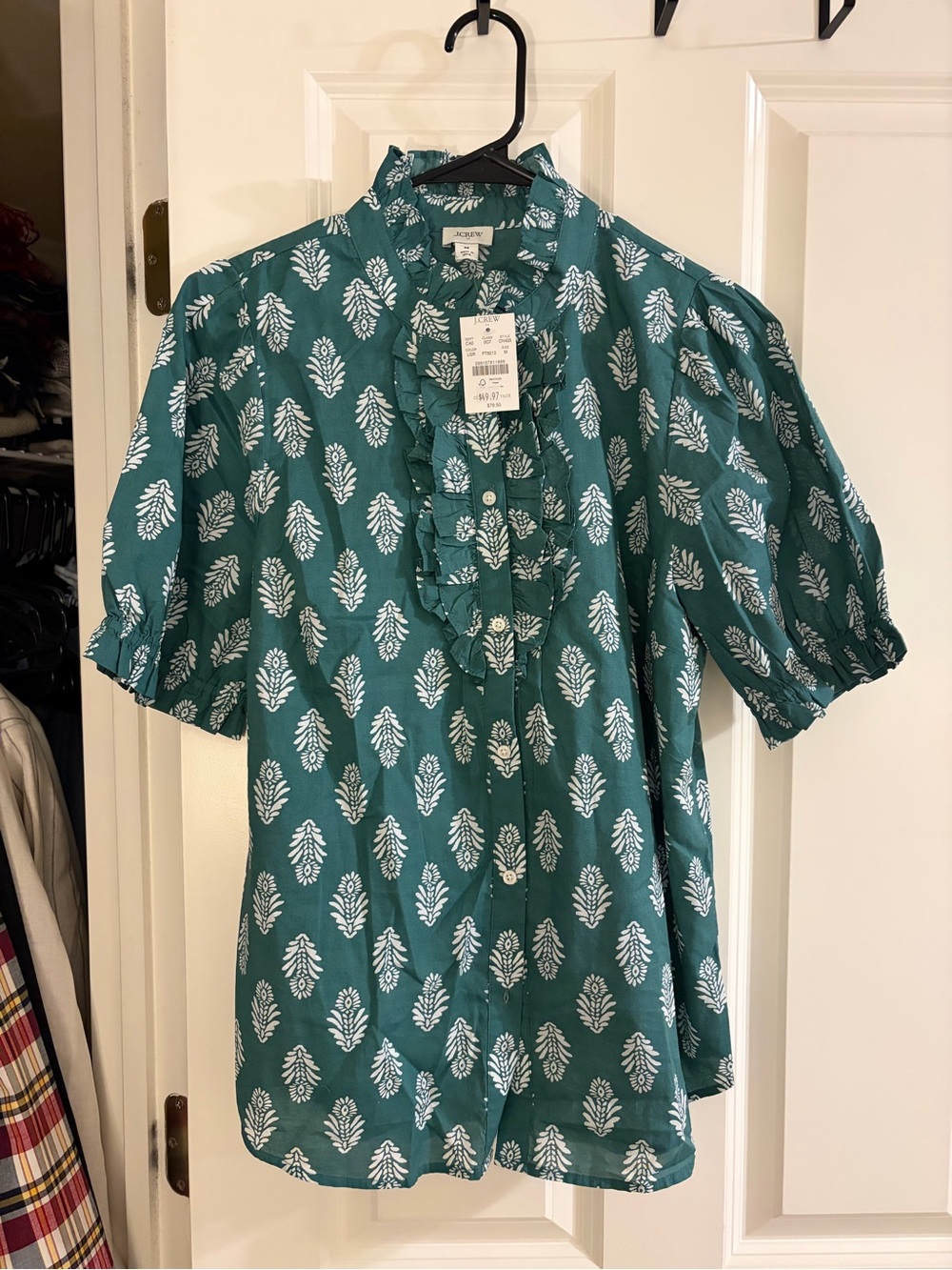 J. Crew Factory Teal Botanical Ruffle Front Button-Down Shirt